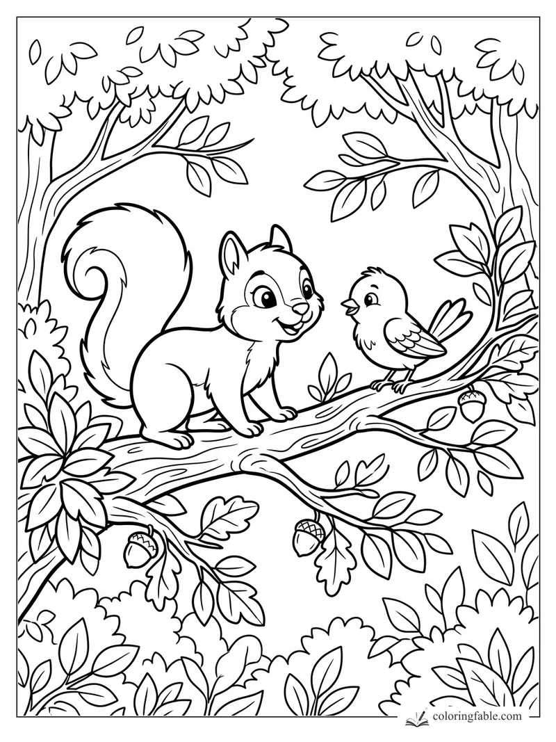 Cartoon squirrel smiling at a small bird on an oak branch with acorns and leafy forest trees