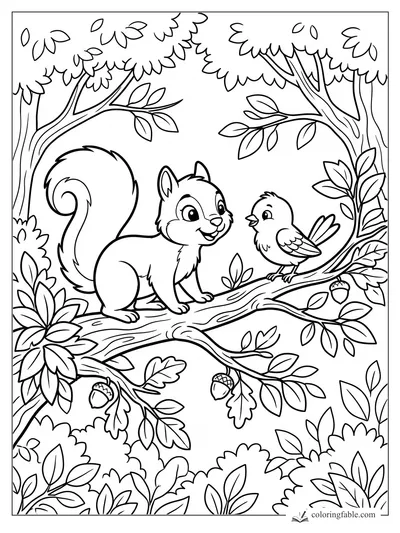 Cartoon squirrel smiling at a small bird on an oak branch with acorns and leafy forest trees