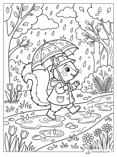 Cartoon squirrel in a raincoat holding an umbrella while stepping through puddles in a leafy park.