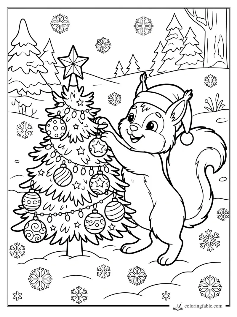 Cartoon squirrel in a Santa hat decorating a Christmas tree with ornaments and falling snowflakes.