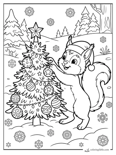 Cartoon squirrel in a Santa hat decorating a Christmas tree with ornaments and falling snowflakes.