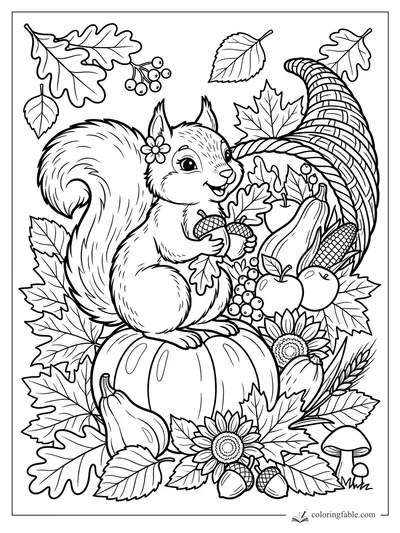 Smiling squirrel holding acorns on a pumpkin with a cornucopia, leaves, fruit, sunflowers, and mushrooms.