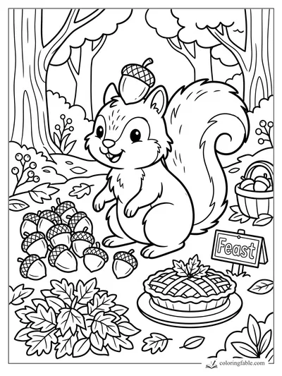 Cartoon squirrel wearing an acorn cap beside pie, acorns, leaves, and a Feast sign in the woods