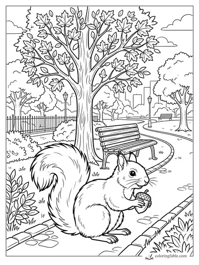 Squirrel holding an acorn on a curving park path with maple tree, benches, fence, lamps, and skyline.