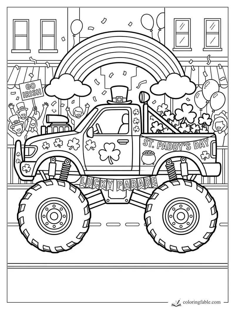 St. Paddy’s Day monster truck with rainbow arch, shamrocks, balloons, confetti, and cheering parade crowd.