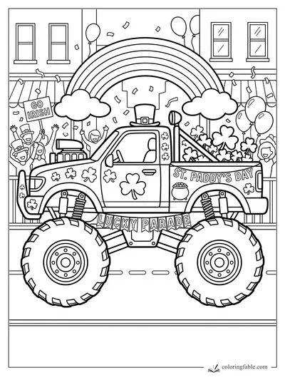St. Paddy’s Day monster truck with rainbow arch, shamrocks, balloons, confetti, and cheering parade crowd.