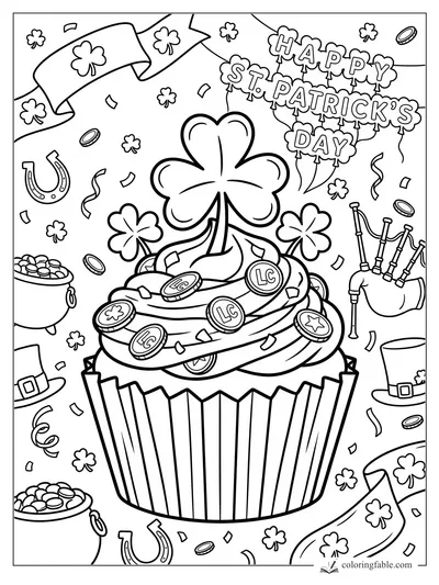 St. Patrick’s Day cupcake with shamrocks, coins, horseshoes, banners, pots of gold, and bagpipes.