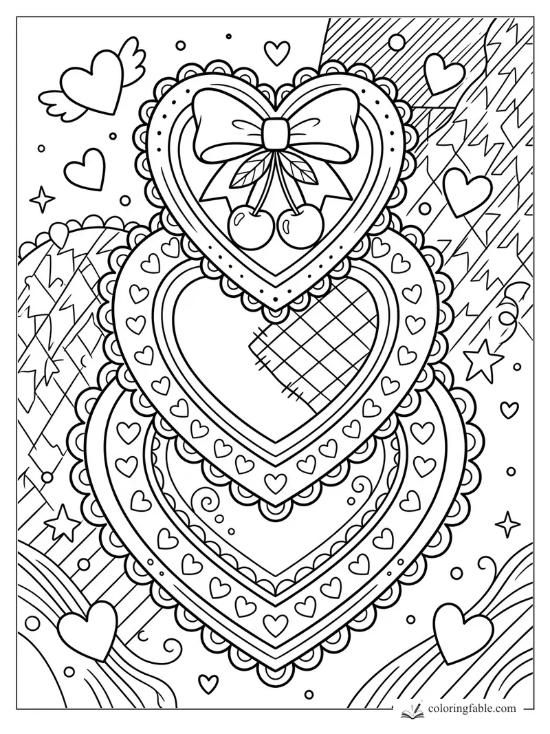 Preppy coloring page with stacked lace hearts, bow, cherries, tiny hearts, stars, rainbows, and lightning