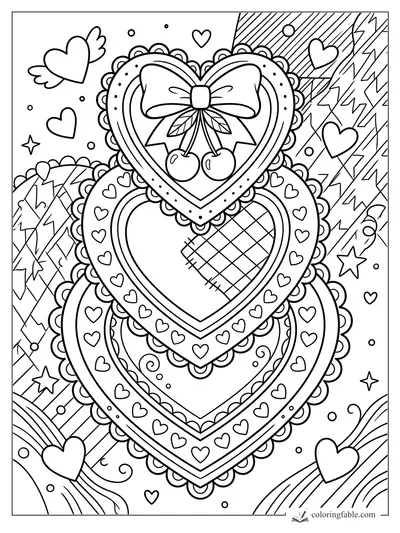 Preppy coloring page with stacked lace hearts, bow, cherries, tiny hearts, stars, rainbows, and lightning