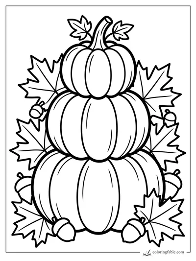 Three stacked pumpkins with maple leaves, acorns, curly vines, and a tall bent stem.
