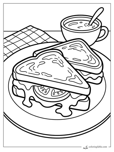 Bold coloring page of a stacked sandwich with lettuce, tomato, cheese, soup cup, spoon, and checkered napkin.