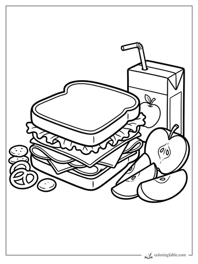 Coloring page of a stacked sandwich, juice box with straw, apple slices, pretzels, and crackers.
