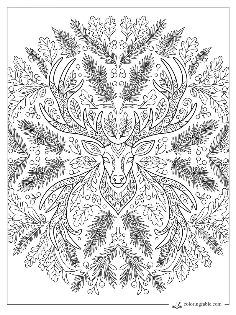 Intricate stag mandala with antlers, oak leaves, pine branches, berries, and curled vines