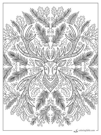 Intricate stag mandala with antlers, oak leaves, pine branches, berries, and curled vines