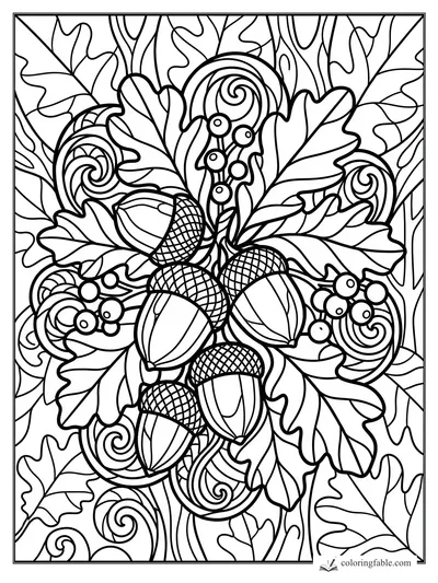 Intricate stained-glass coloring page with acorns, oak leaves, berries, and swirling vines.