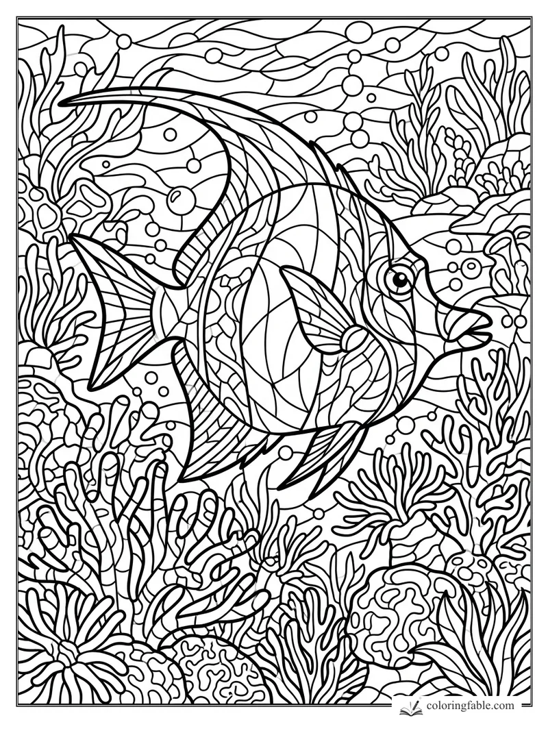 Intricate stained-glass angelfish swimming through coral, sea plants, bubbles, and wavy currents.