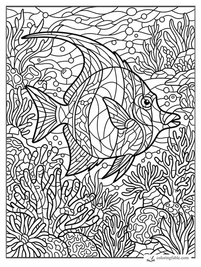 Intricate stained-glass angelfish swimming through coral, sea plants, bubbles, and wavy currents.