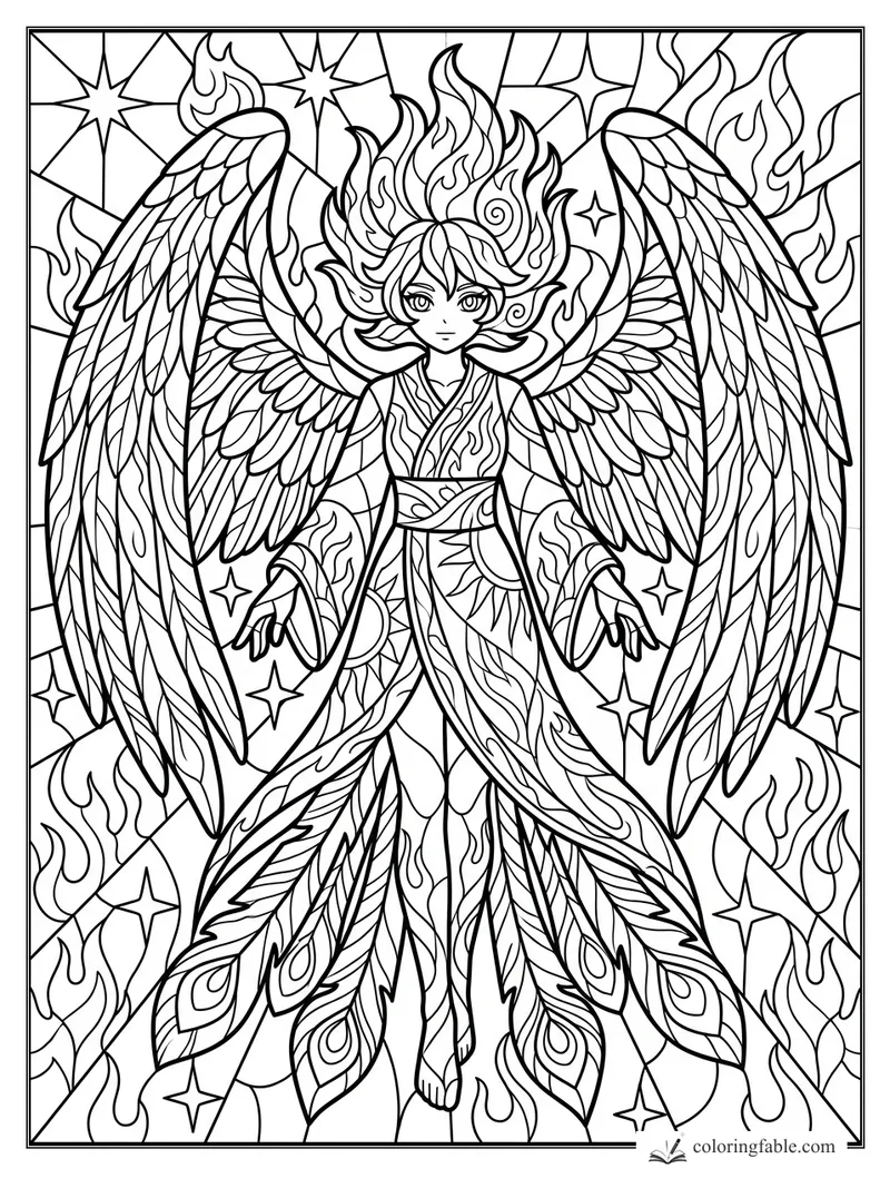 Intricate stained-glass anime seraph with wide feathered wings, flame hair, kimono robes, and stars.