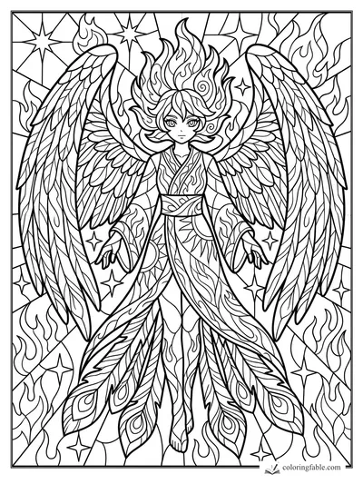 Intricate stained-glass anime seraph with wide feathered wings, flame hair, kimono robes, and stars.