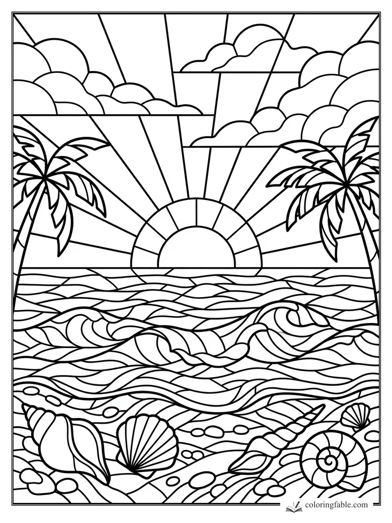 Intricate stained-glass coloring page of an August ocean sunset with palm trees, waves, clouds, and seashells.