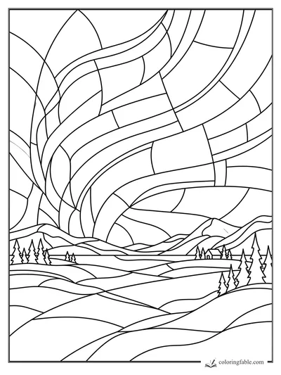 Stained-glass landscape coloring page with sweeping aurora ribbons, mountains, pines, hills, and a small cabin.