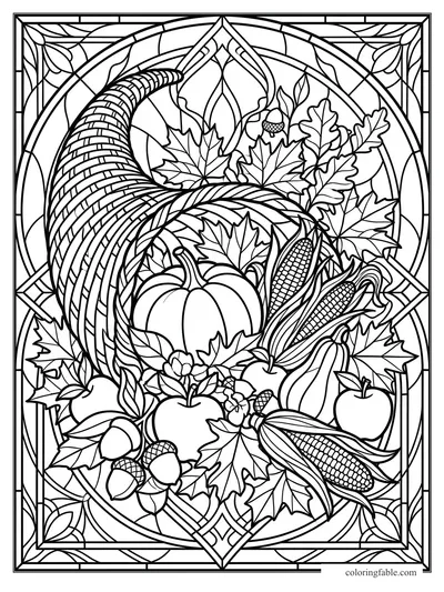 Intricate stained-glass cornucopia with pumpkin, corn, apples, acorns, and autumn leaves