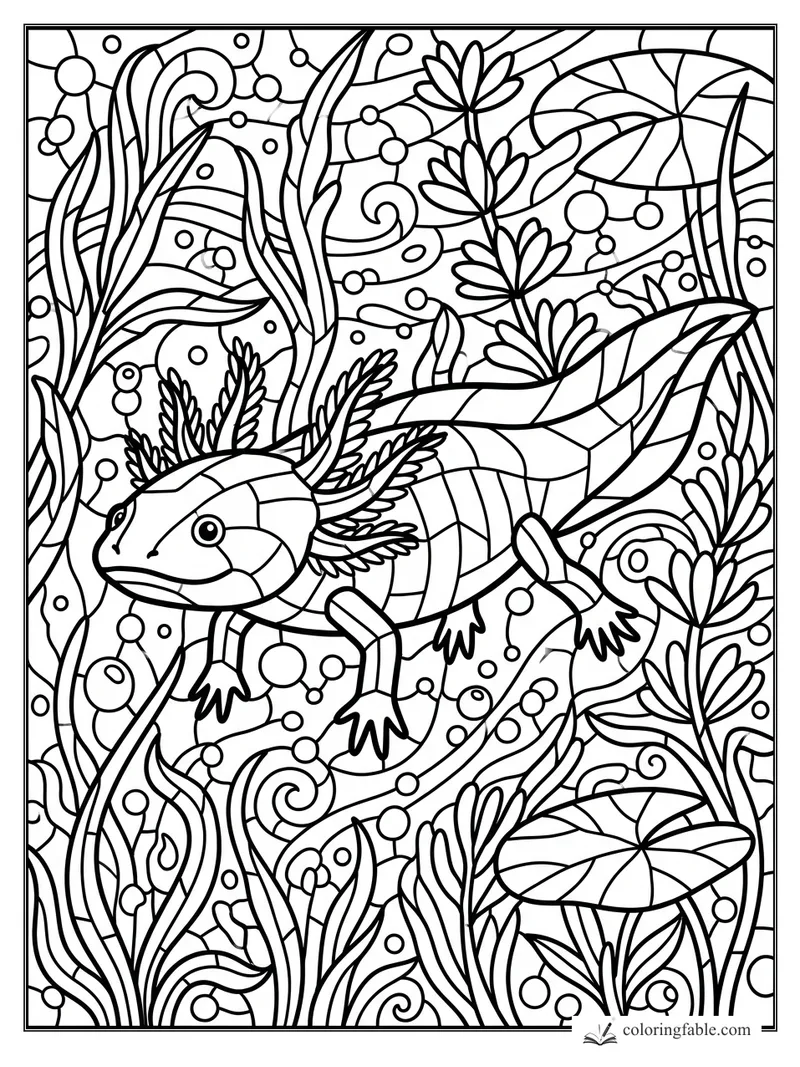 Stained-glass axolotl swimming through pond weeds, lily pads, bubbles, and curling plants.