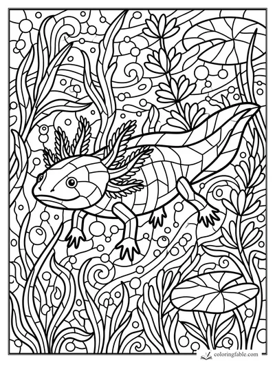 Stained-glass axolotl swimming through pond weeds, lily pads, bubbles, and curling plants.