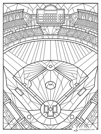 Intricate stained-glass baseball stadium with diamond, scoreboard, stands, and arched roof panels