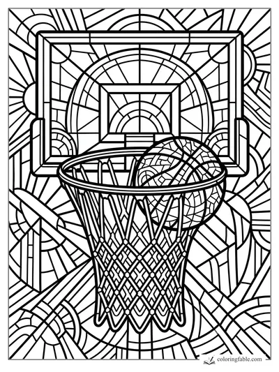 Stained-glass basketball coloring page with a ball dropping through the hoop in front of a backboard.