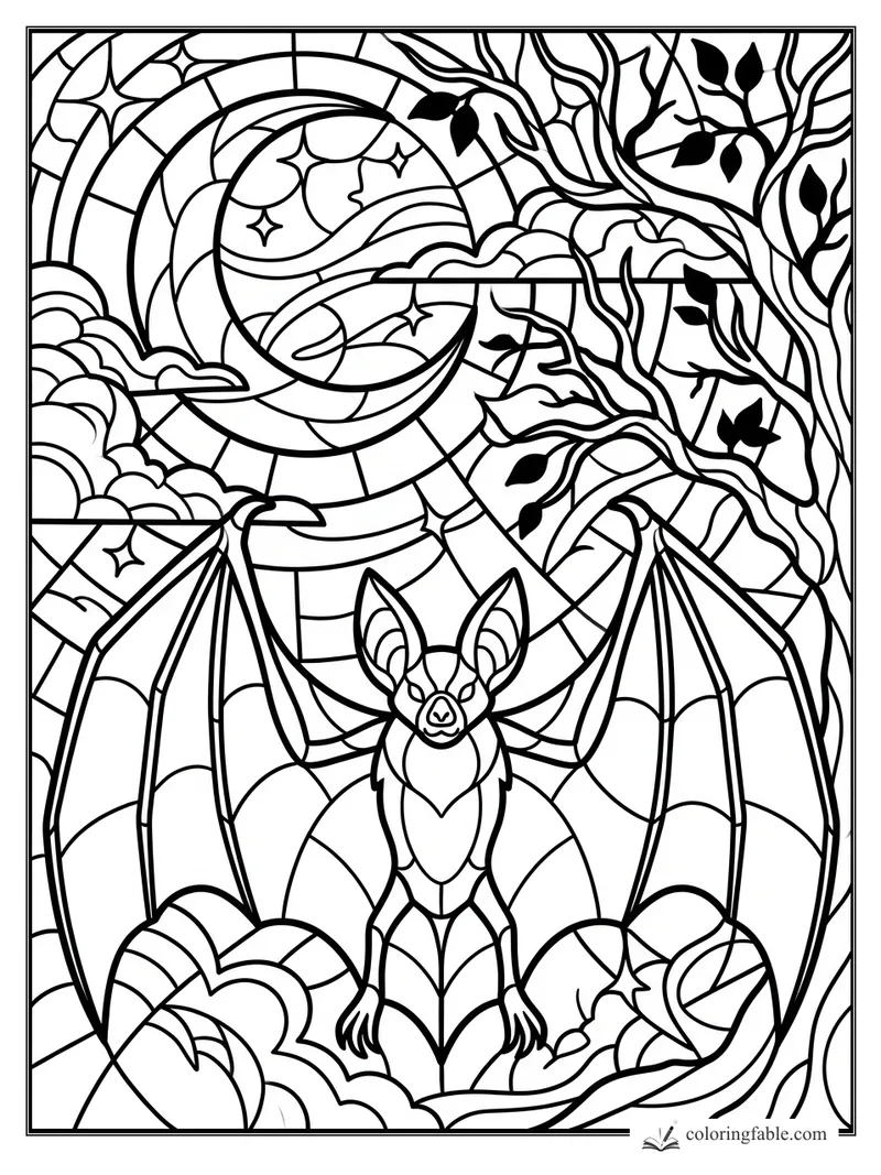 Intricate stained-glass bat with spread wings beneath a crescent moon, clouds, stars, vines, and leaves