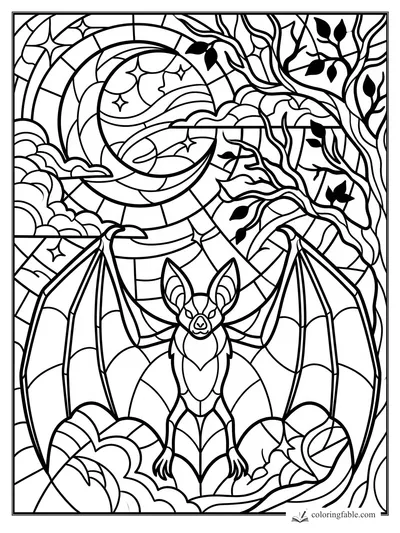 Intricate stained-glass bat with spread wings beneath a crescent moon, clouds, stars, vines, and leaves