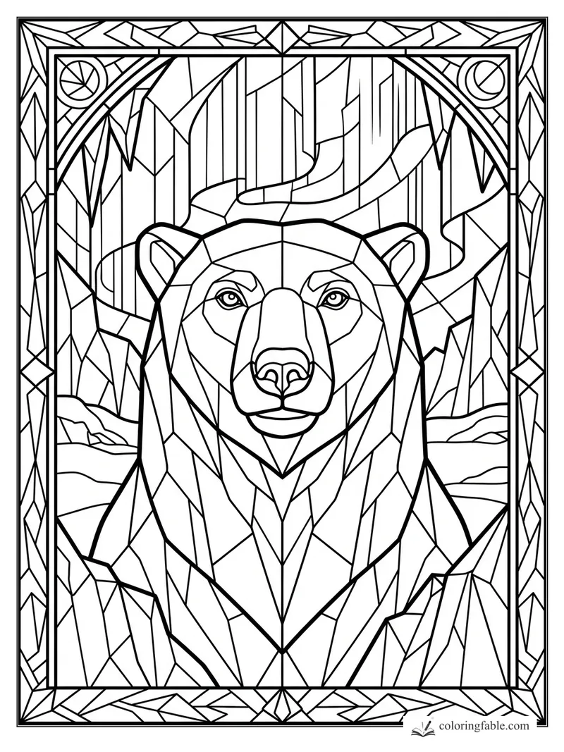 Intricate stained-glass bear portrait with pine woods, antlers, mountains, and a geometric border