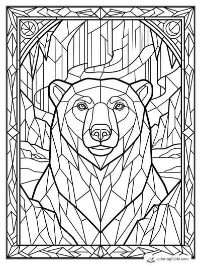 Intricate stained-glass bear portrait with pine woods, antlers, mountains, and a geometric border