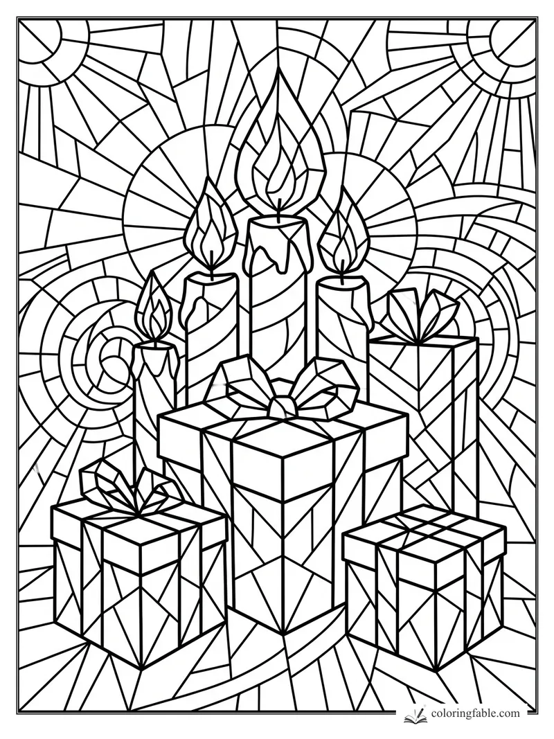 Intricate stained-glass birthday candles, wrapped gifts, bows, flames, and sunburst panels to color