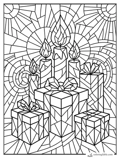 Intricate stained-glass birthday candles, wrapped gifts, bows, flames, and sunburst panels to color