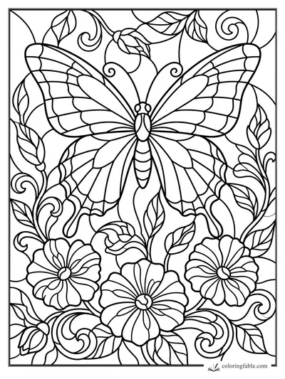 Stained-glass butterfly with patterned wings, flowers, leaves, and curling vines