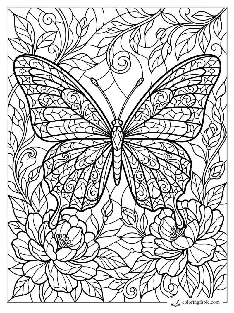 Intricate stained-glass butterfly with patterned wings, peonies, leaves, buds, and curling vines.