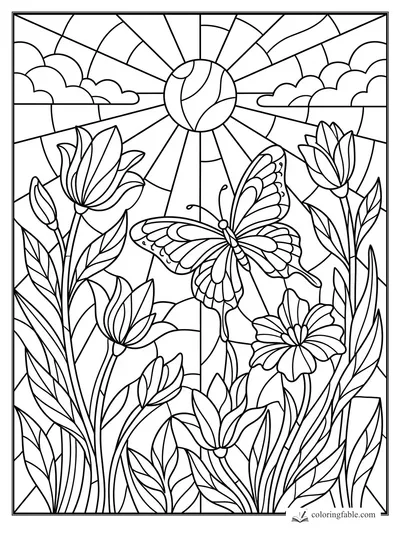 Intricate stained-glass butterfly among tall flowers, leaves, clouds, and a radiant sun