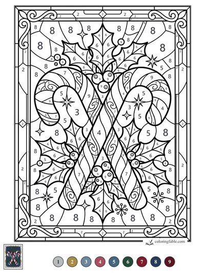 Stained-Glass Candy Canes with Holly — color by number