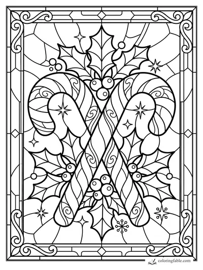 Intricate stained-glass candy canes with holly leaves, berries, stars, and curled border ornaments.