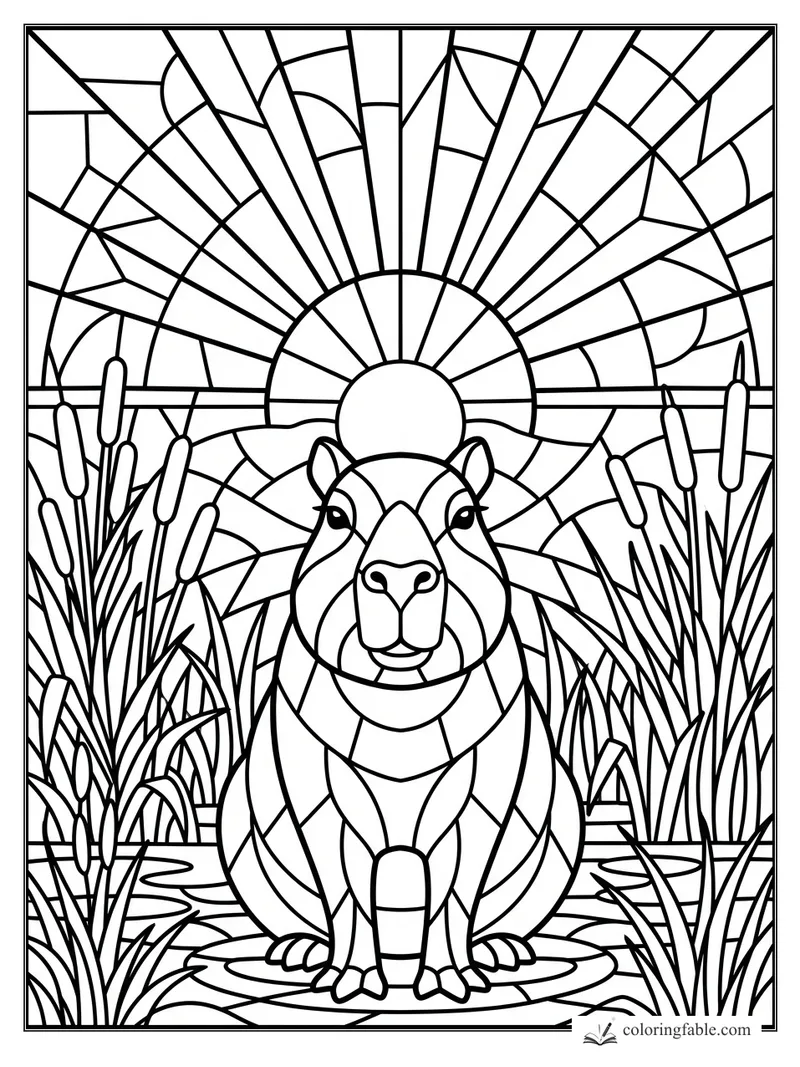 Stained-glass capybara sitting among cattails, reeds, lily pads, and sunrise rays over a marsh