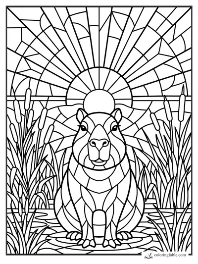 Stained-glass capybara sitting among cattails, reeds, lily pads, and sunrise rays over a marsh