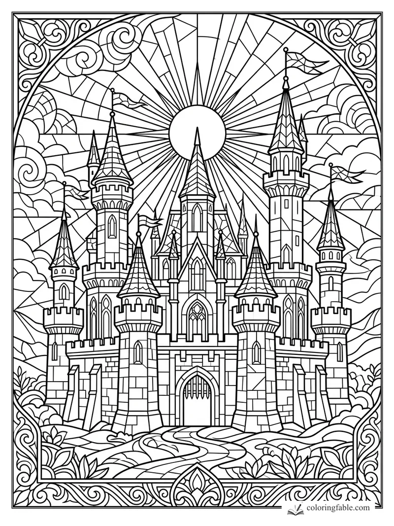 Stained-glass castle coloring page with tall towers, flags, clouds, sun rays, and leafy border
