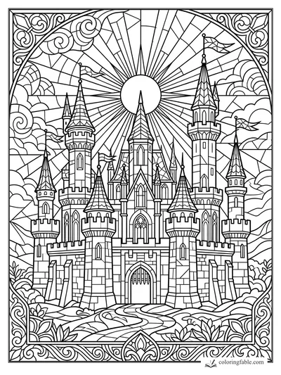Stained-glass castle coloring page with tall towers, flags, clouds, sun rays, and leafy border