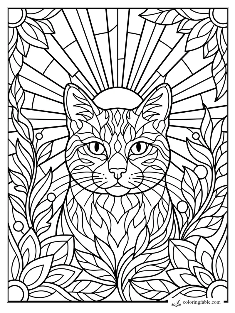 Intricate stained-glass cat face framed by leaves, berries, and sunburst rays