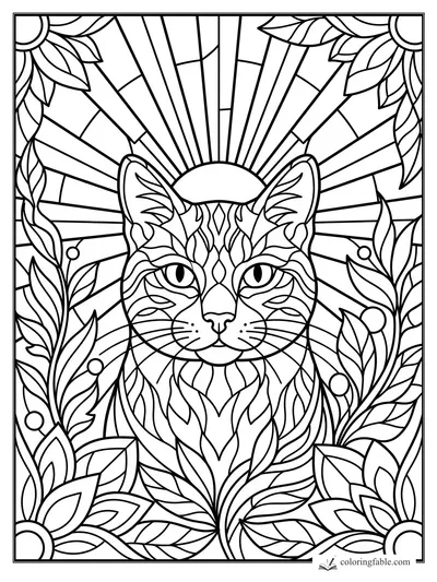 Intricate stained-glass cat face framed by leaves, berries, and sunburst rays