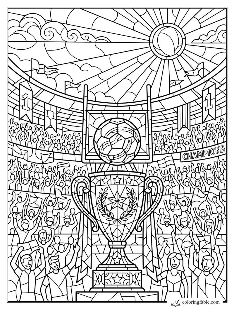 Intricate stained-glass football trophy, cheering crowd, flags, goalpost, and radiant ball sun in a stadium