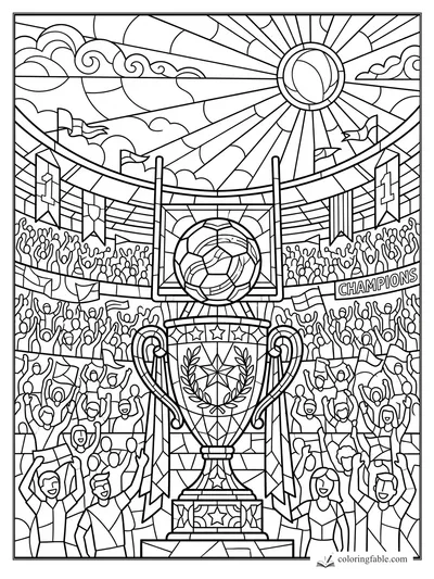 Intricate stained-glass football trophy, cheering crowd, flags, goalpost, and radiant ball sun in a stadium