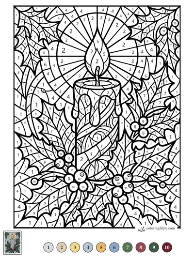 Stained-Glass Christmas Candle with Holly — color by number